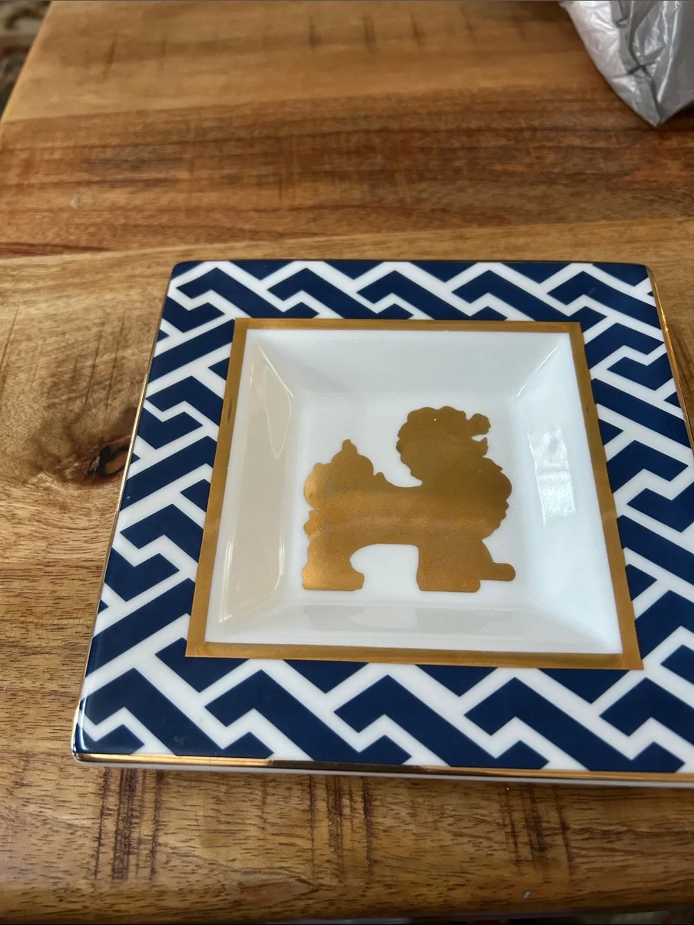 Gold Dog Accent Tray with Navy Geometric Border